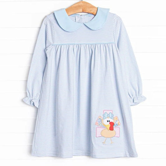 GLD0603 Blue Turkey Long Sleeve Cute Girl Fall Winter Design Short Sleeve Children Dresses