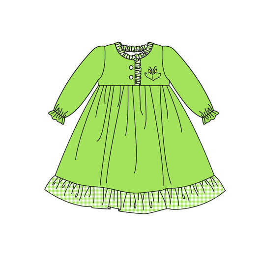 GLD0609 Green Long Sleeve Cute Girl Fall Winter Design Short Sleeve Children Dresses