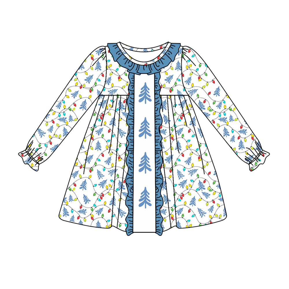 GLD0646 Blue Christmas Tree Girls Toddler Long sleeve cute baby long sleeve kid Dresses