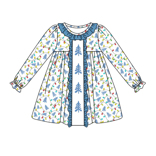 GLD0646 Blue Christmas Tree Girls Toddler Long sleeve cute baby long sleeve kid Dresses