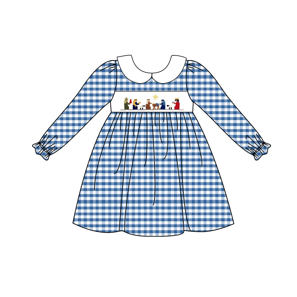 GLD0647 Dark Blue Christmas Tree Girls Toddler Long sleeve cute baby long sleeve kid Dresses