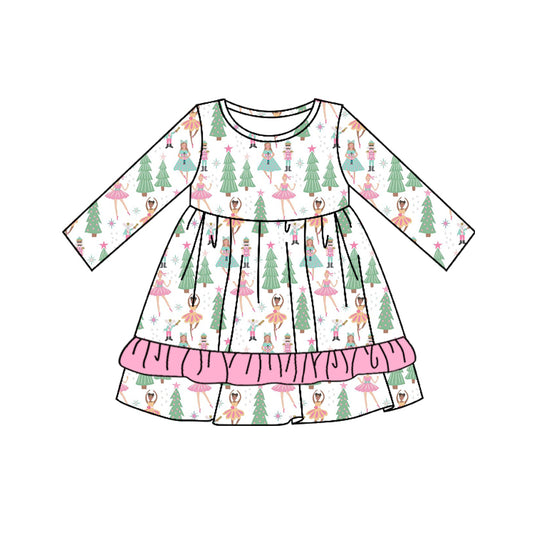 GLD0659 Pink Ruffle Girls Toddler Long sleeve cute baby long sleeve kid Dresses