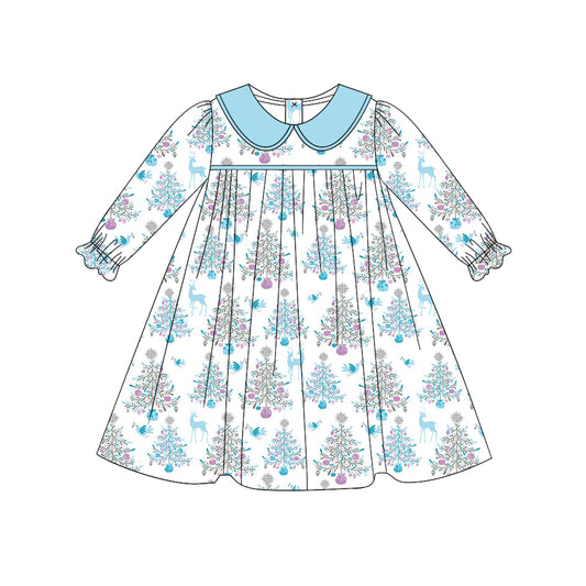 GLD0663 Blue Christmas Girls Toddler Long sleeve cute baby long sleeve kid Dresses