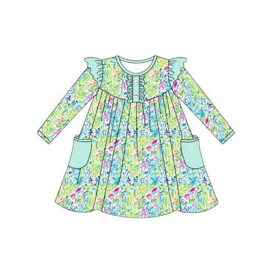 GLD0665 Green Girls Toddler Long sleeve cute baby long sleeve kid Dresses