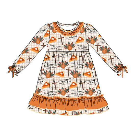 GLD0767 Brown Turkey Girls Toddler Long sleeve cute baby long sleeve kid Dresses