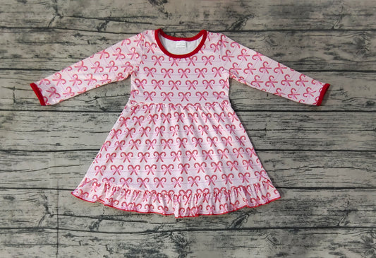 GLD0774 Pink Bow Long Sleeve Cute Girl Fall Winter Design Short Sleeve Children Dresse