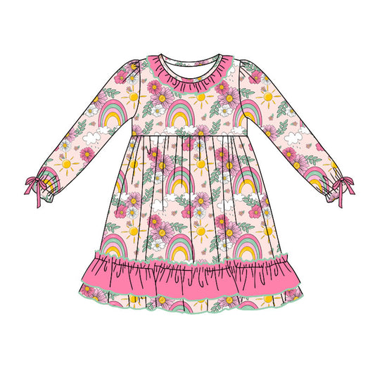 GLD0825 Rainbow Long Sleeve Cute Girl Fall Winter Design Short Sleeve Children Dresses