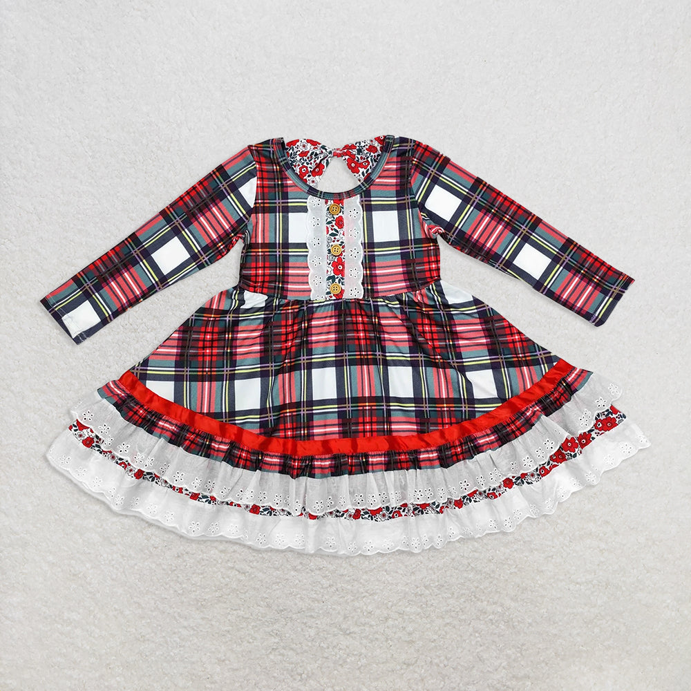 6.18 RTS NO MOQ Baby Girls Long Sleeve GLD0838 Christmas Green Red Checkered Ruffle Knee Length Dresses