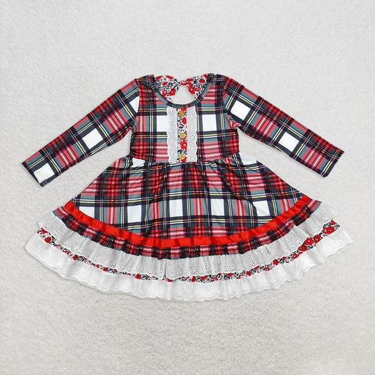 6.18 RTS NO MOQ Baby Girls Long Sleeve GLD0838 Christmas Green Red Checkered Ruffle Knee Length Dresses