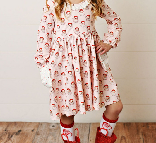 GLD0839 Pink Santa Long Sleeve Cute Girl Fall Winter Design Short Sleeve Children Dresse