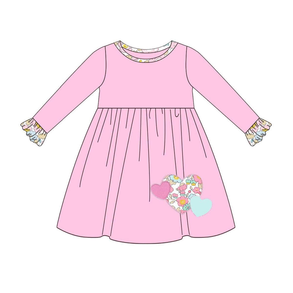 GLD0867 Pink Love Long Sleeve Cute Girl Fall Winter Design Short Sleeve Children Dresse