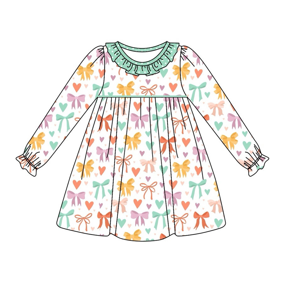 GLD0957 Bows Love Long Sleeve Cute Girl Fall Winter Design Short Sleeve Children Dresse