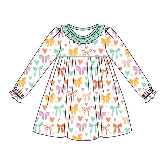 GLD0957 Bows Love Long Sleeve Cute Girl Fall Winter Design Short Sleeve Children Dresse