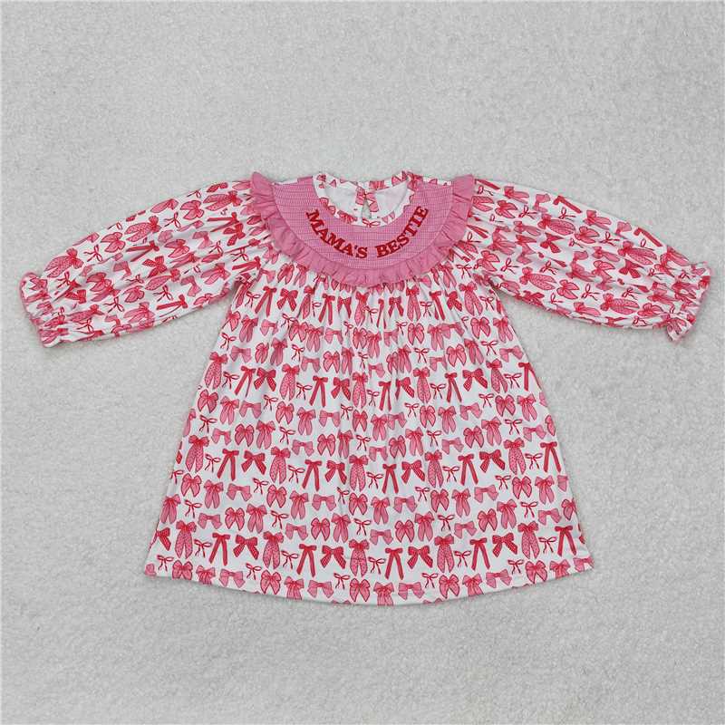 RTS NO MOQ Summer Sibling Baby Girls Pink Bow Mama's Bestie Smocked Rompers Dresses