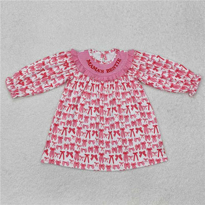 RTS NO MOQ Summer Sibling Baby Girls Pink Bow Mama's Bestie Smocked Rompers Dresses