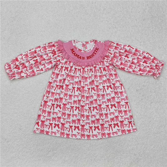 RTS NO MOQ Summer Sibling Baby Girls Pink Bow Mama's Bestie Smocked Rompers Dresses