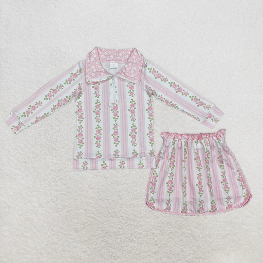 RTS NO MOQ Baby Girls Long Sleeve Outfits GLD1002 Pink Flowers Zip Top Skirt Skort Bottoms Sets