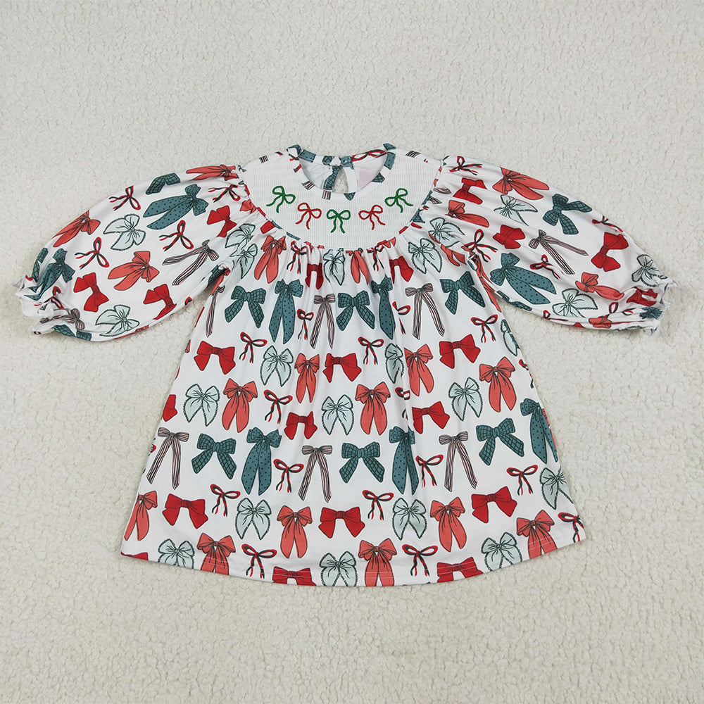 7.15 RTS NO MOQ Baby Girls Long Sleeve GLD1028 Christmas Colorful Bows Smocked Knee Length Dresses
