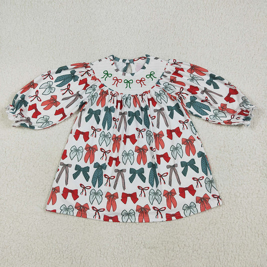 7.15 RTS NO MOQ Baby Girls Long Sleeve GLD1028 Christmas Colorful Bows Smocked Knee Length Dresses