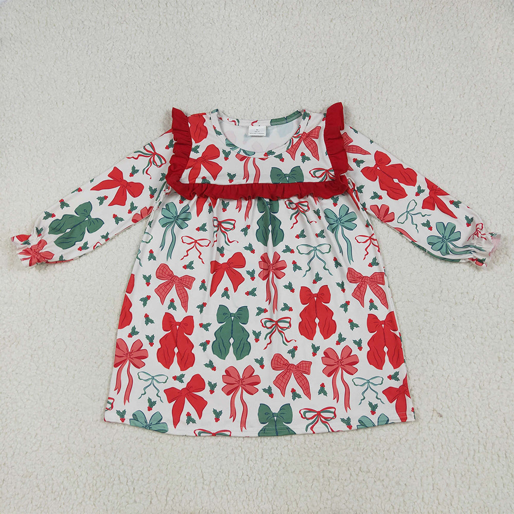 6.26 RTS NO MOQ Baby Girls Long Sleeve GLD1046 Christmas Red Green Bows Knee Length Dresses