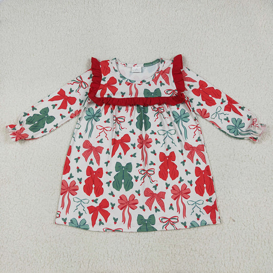 6.26 RTS NO MOQ Baby Girls Long Sleeve GLD1046 Christmas Red Green Bows Knee Length Dresses