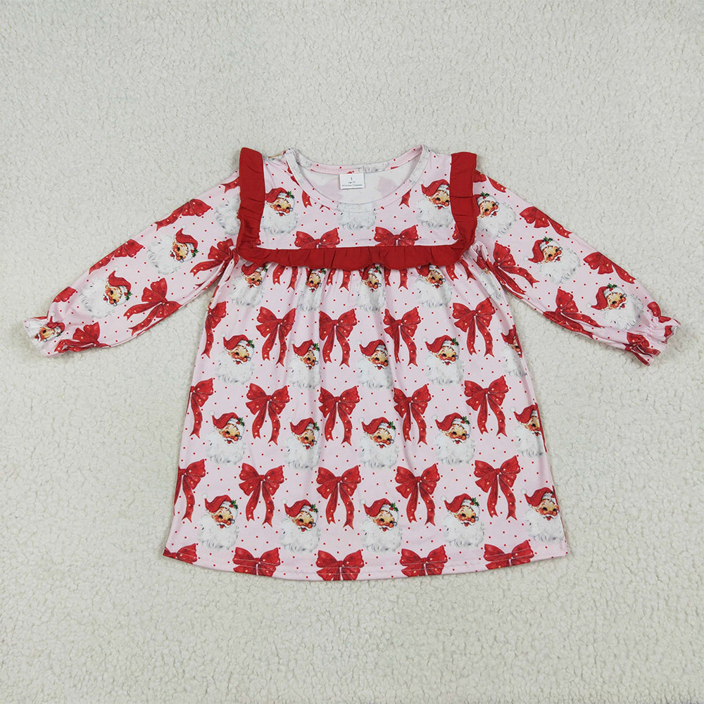 6.23 RTS NO MOQ Baby Girls Long Sleeve GLD1047 Long Ruffle Sleeves Red Santa Bows Knee Length Dresses