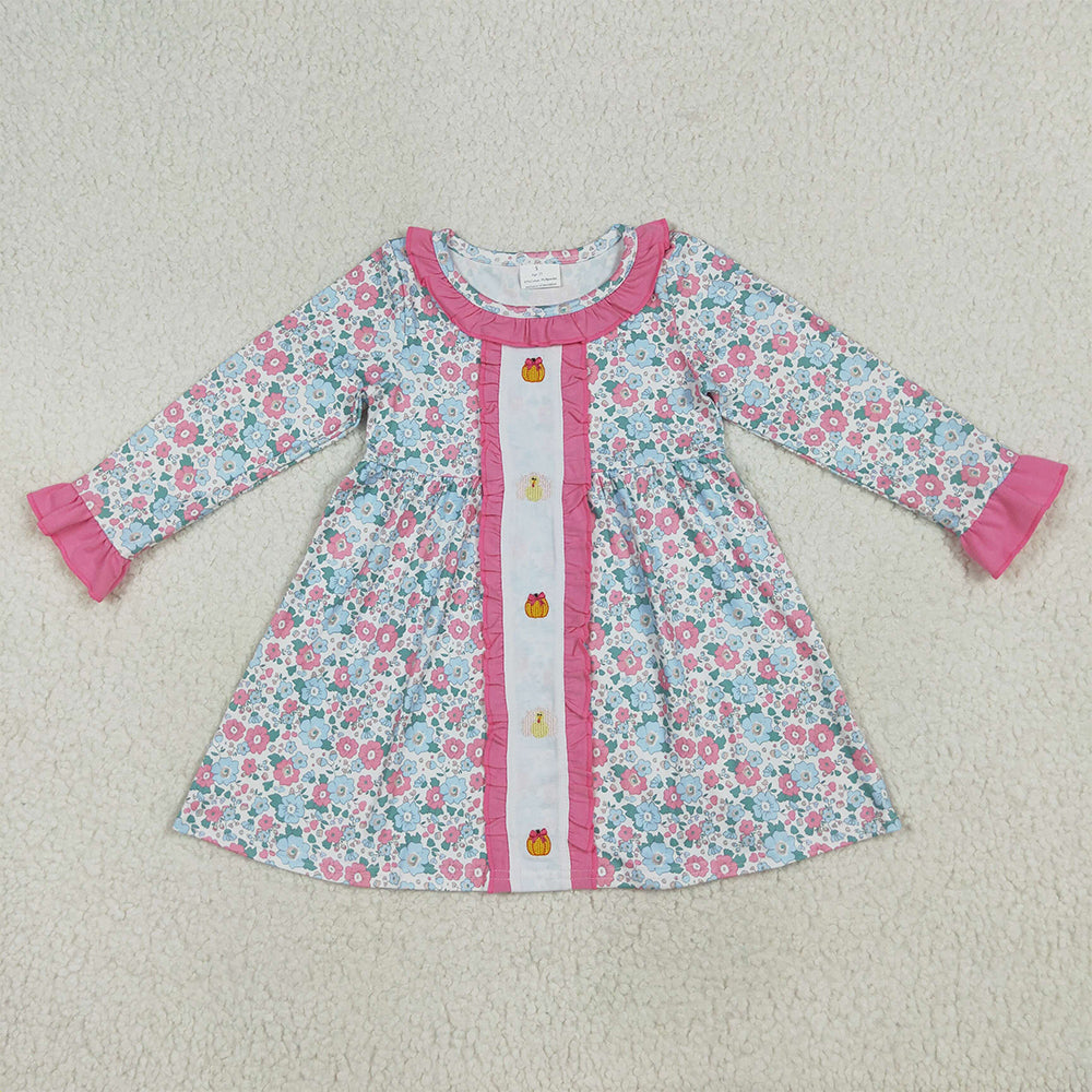 6.23 RTS NO MOQ Baby Girls Long Sleeve GLD1053 Floral Turkey Pumpkins Knee Length Dresses