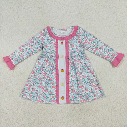 6.23 RTS NO MOQ Baby Girls Long Sleeve GLD1053 Floral Turkey Pumpkins Knee Length Dresses