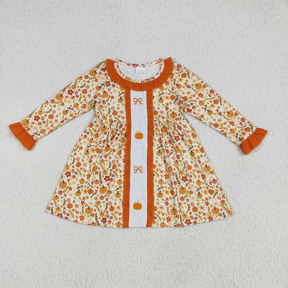 6.26 RTS NO MOQ Baby Girls Long Sleeve GLD1058 Fall Floral Bows Pumpkins Knee Length Dresses