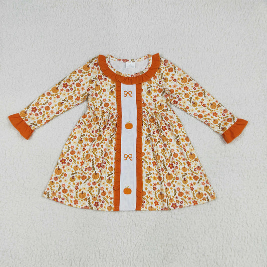 6.26 RTS NO MOQ Baby Girls Long Sleeve GLD1058 Fall Floral Bows Pumpkins Knee Length Dresses