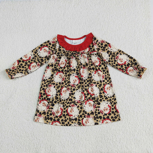 6.10 RTS NO MOQ Baby Girls Long Sleeve GLD1065 Christmas Santa Leopard Knee Length Dresses