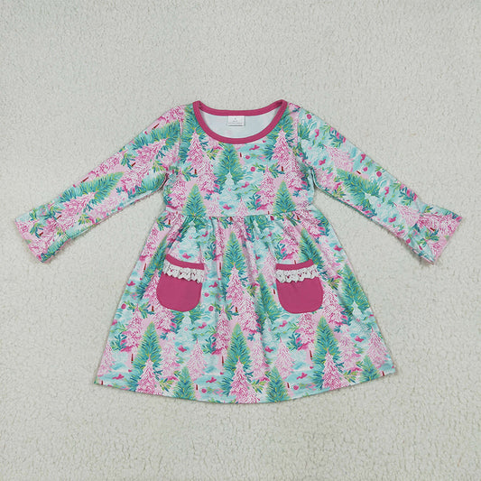 6.19 RTS NO MOQ Baby Girls Long Sleeve GLD1072 Long Ruffle Sleeves Trees Floral Pockets Knee Length Dresses