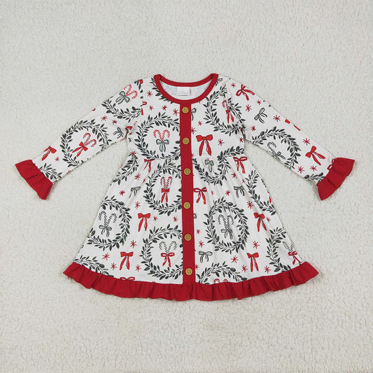 6.28 RTS NO MOQ Baby Girls Long Sleeve GLD1082 Christmas Green Red Bows Button Knee Length Dresses
