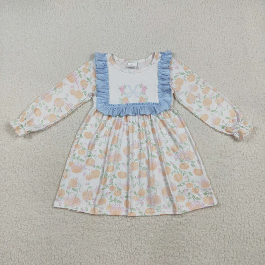 7.18 RTS NO MOQ Baby Girls Long Sleeve GLD1084 Long Ruffle Sleeves Light Blue Pumpkins Knee Length Dresses
