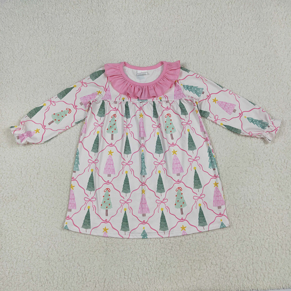 6.18 RTS NO MOQ Baby Girls Long Sleeve GLD1093 Pink Christmas Trees Knee Length Dresses