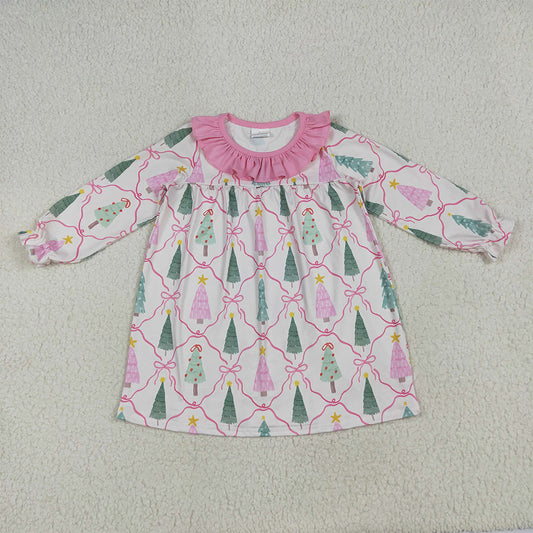 6.18 RTS NO MOQ Baby Girls Long Sleeve GLD1093 Pink Christmas Trees Knee Length Dresses