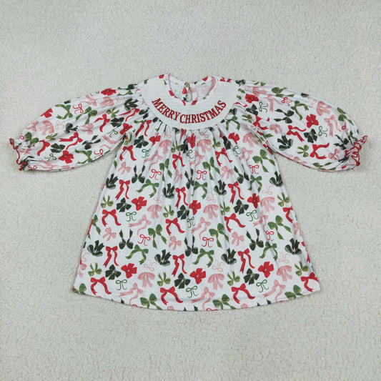7.29 RTS NO MOQ Summer Baby Girls Dresses GLD1094 Smocked Embroidery Merry Christmas Colorful Bows Knee Length Dresses