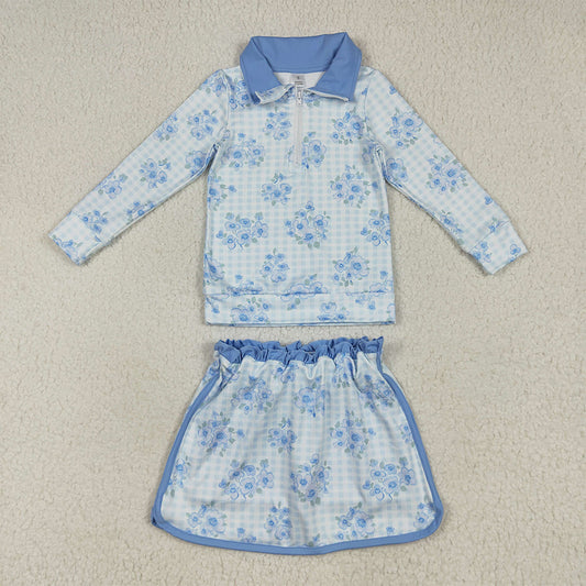 7.15 RTS NO MOQ Baby Girls Long Sleeve Outfits GLD1097 Long Sleeves Blue Flowers Plaid Zipper Top Skorts Yoga Sets