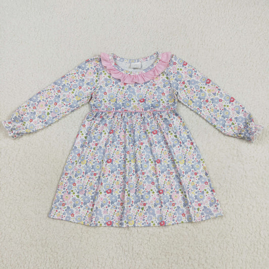 8.12 RTS NO MOQ Baby Girls Long Sleeve GLD1120 Fall Pink Blue Floral Flowers Knee Length Dresses