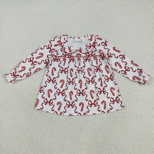 7.23 RTS NO MOQ Baby Girls Long Sleeve GLD1130 Christmas Red Bows Candy Cane Knee Length Dresses