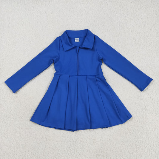 7.23 RTS NO MOQ Summer Baby Girls Dresses GLD1144 Hot Blue Long Sleeves Zipper Knee Length Dresses