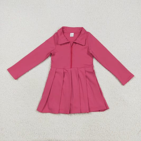 8.12 RTS NO MOQ Baby Girls Long Sleeve GLD1146 Hotpink Long Sleeves Zipper Yoga Pleated Knee Length Dresses