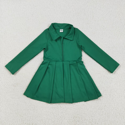 7.29 RTS NO MOQ Summer Baby Girls Dresses GLD1148 Green Long Sleeves Zipper Yoga Athletic Knee Length Dresses