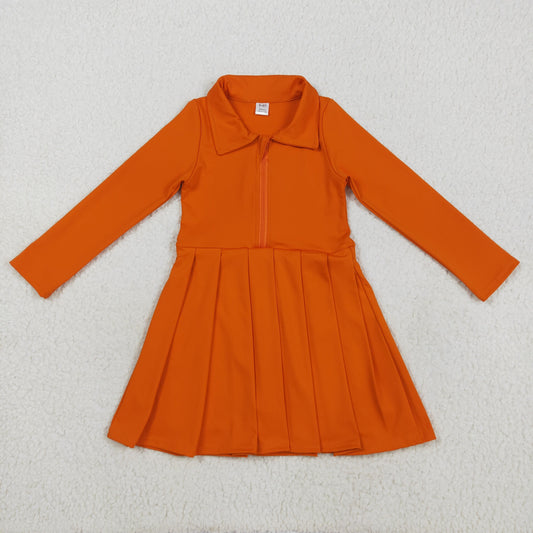 8.12 RTS NO MOQ Baby Girls Long Sleeve GLD1149 Orange Long Sleeves Zipper Knee Length Dresses