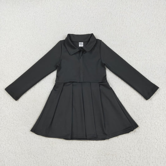 7.23 RTS NO MOQ Summer Baby Girls Dresses GLD1150 Black Long Sleeves Zipper Yoga Active Wear Dresses