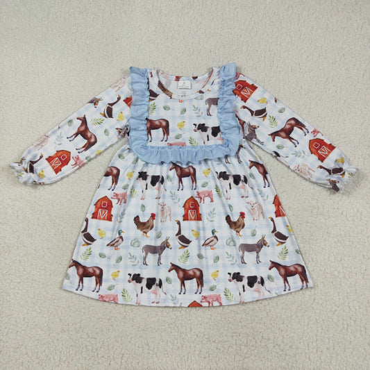 8.12 RTS NO MOQ Baby Girls Long Sleeve GLD1171 Fall Houses Chicks Farm Knee Length Dresses