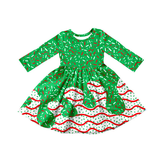 8.7  GLD1260 Baby Girls Drip Christmas Trees Print Knee Length Dresses Preorder