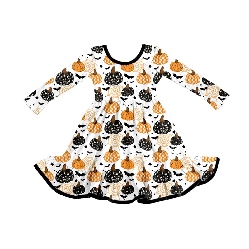 8.7 GLD1261 Baby Girls Ghost Bat Pumpkins Plaid Halloween Knee Length Dresses Preorder