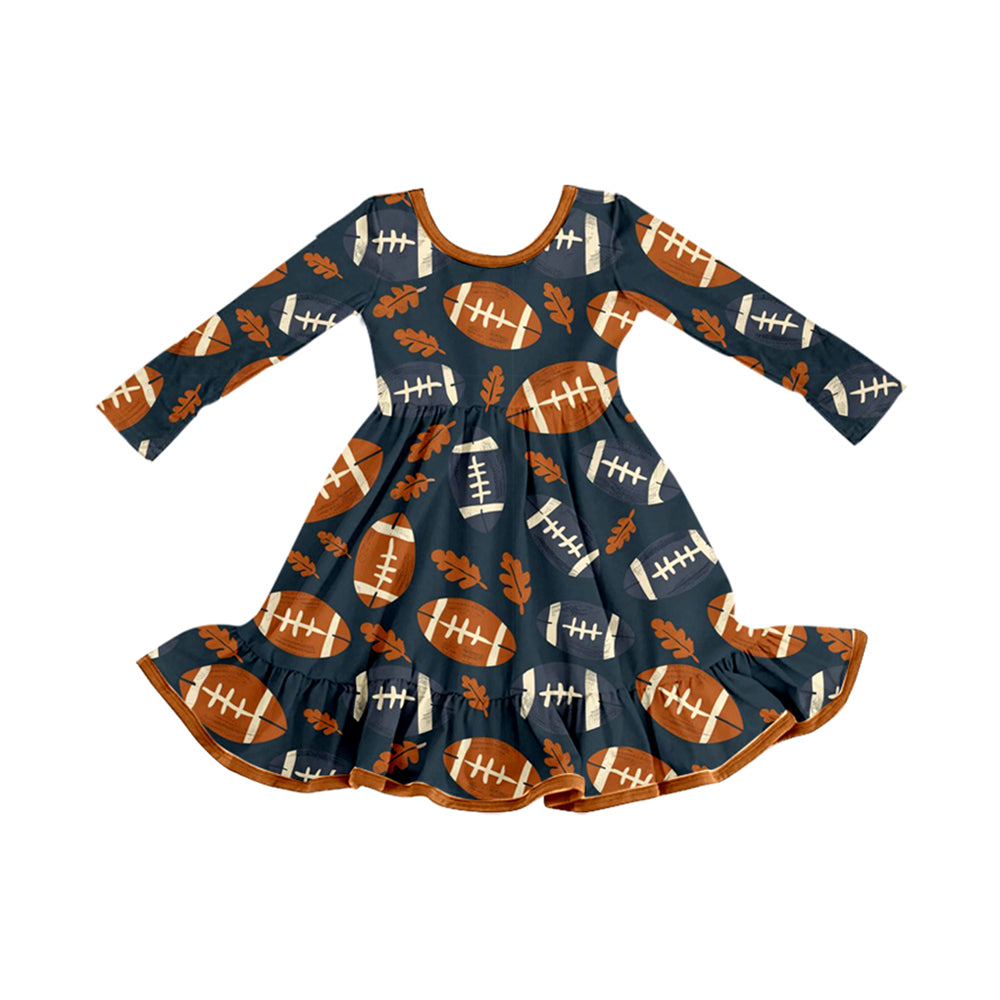 8.7 GLD1263 Baby Girls Leaves Footballs Plaid Fall Knee Length Dresses Preorder