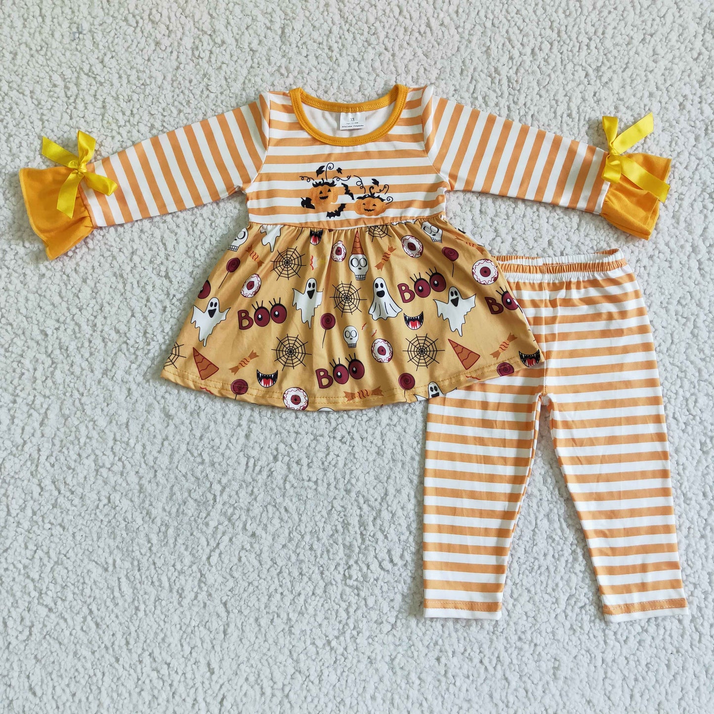 GLP0045 Stripe Orange Halloween Girls Children Long Sleeve Clothing Kid Summer Boutique Outfits